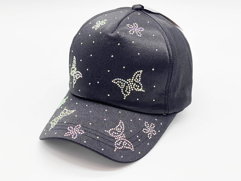 "SMALL BUTTERFLY" BLING STONE BASEBALL CAP WHOLESALE BY DOZEN(12PCS)