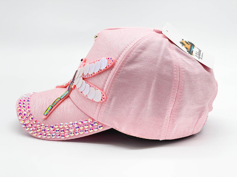 "PINK BUTTERFLY" BLING STONE BASEBALL CAP WHOLESALE BY DOZEN(12PCS)