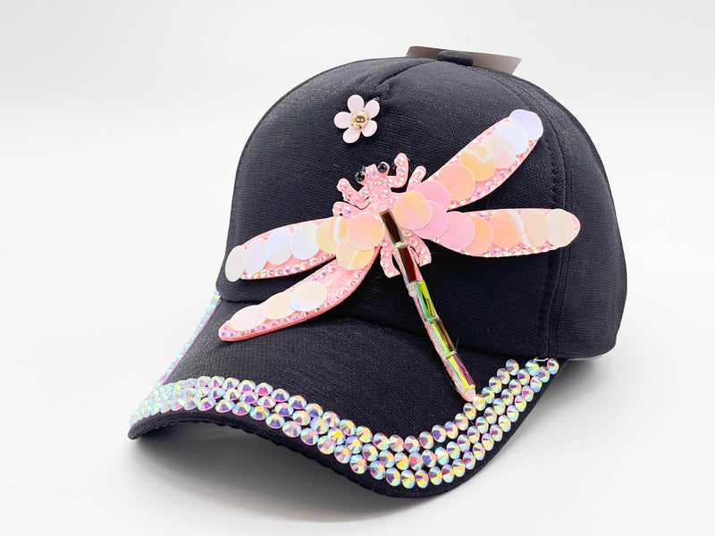 "PINK BUTTERFLY" BLING STONE BASEBALL CAP WHOLESALE BY DOZEN(12PCS)