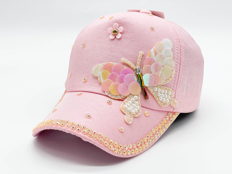 "PINK BUTTERFLY"BLING STONE BASEBALL CAP WHOLESALE BY DOZEN(12PCS)