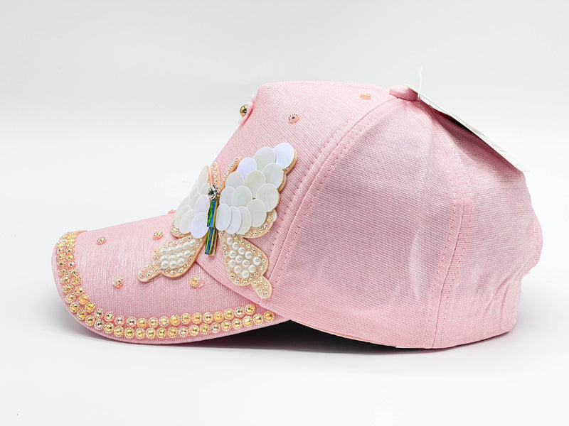 "PINK BUTTERFLY"BLING STONE BASEBALL CAP WHOLESALE BY DOZEN(12PCS)