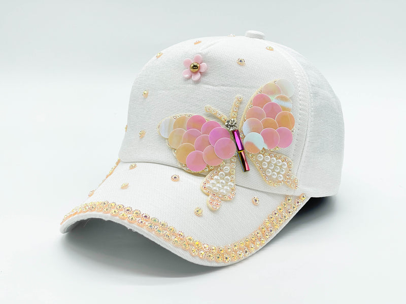 "PINK BUTTERFLY"BLING STONE BASEBALL CAP WHOLESALE BY DOZEN(12PCS)