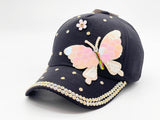 "PINK BUTTERFLY"BLING STONE BASEBALL CAP WHOLESALE BY DOZEN(12PCS)