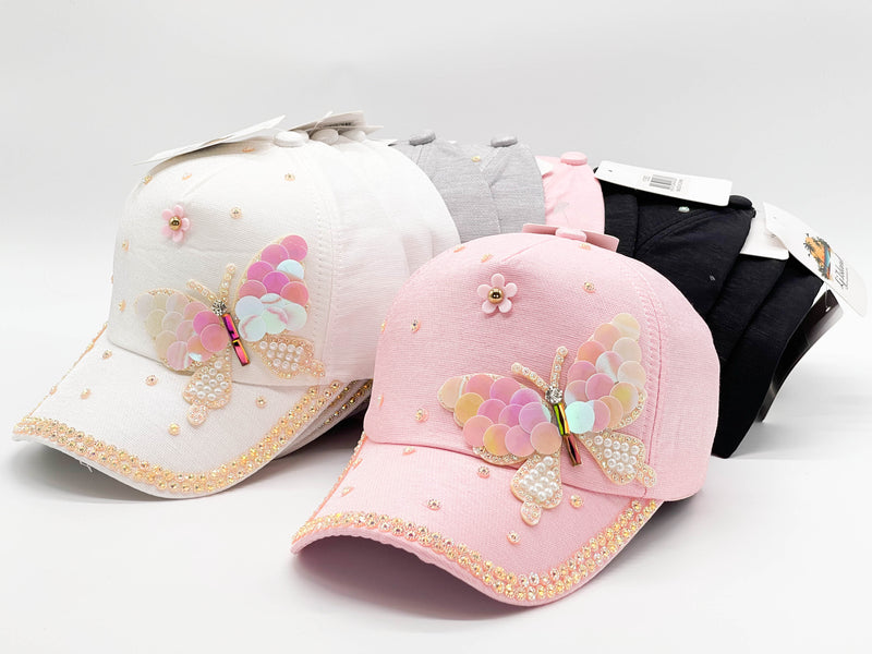 "PINK BUTTERFLY"BLING STONE BASEBALL CAP WHOLESALE BY DOZEN(12PCS)