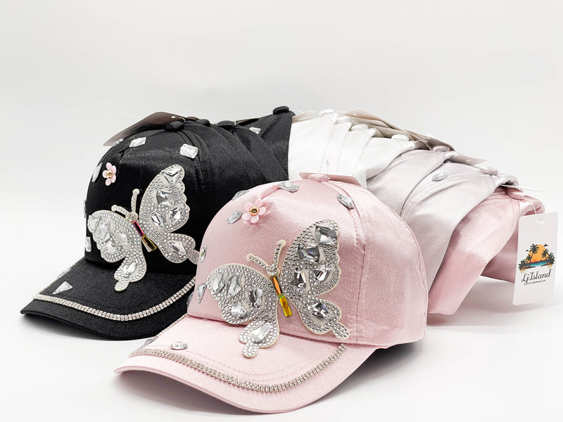 "DIAMOND BUTTERFLY"  BLING STONE BASEBALL CAP WHOLESALE BY DOZEN(12PCS)