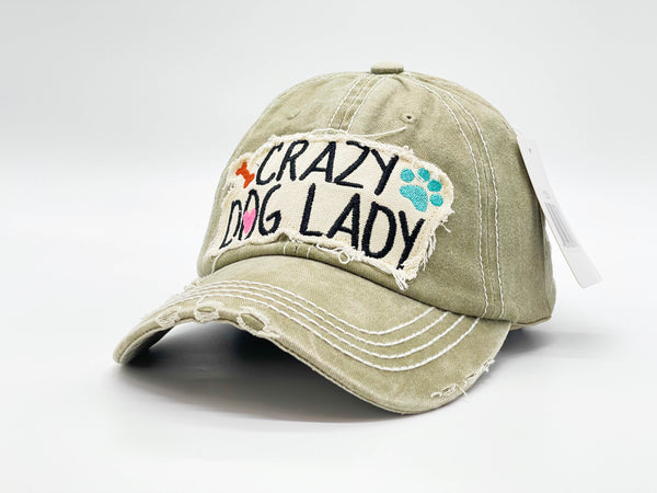 "CRAZY DOG LADY" DISTRESSED BASEBALL CAP WHOLESALE BY DOZEN(12PCS)