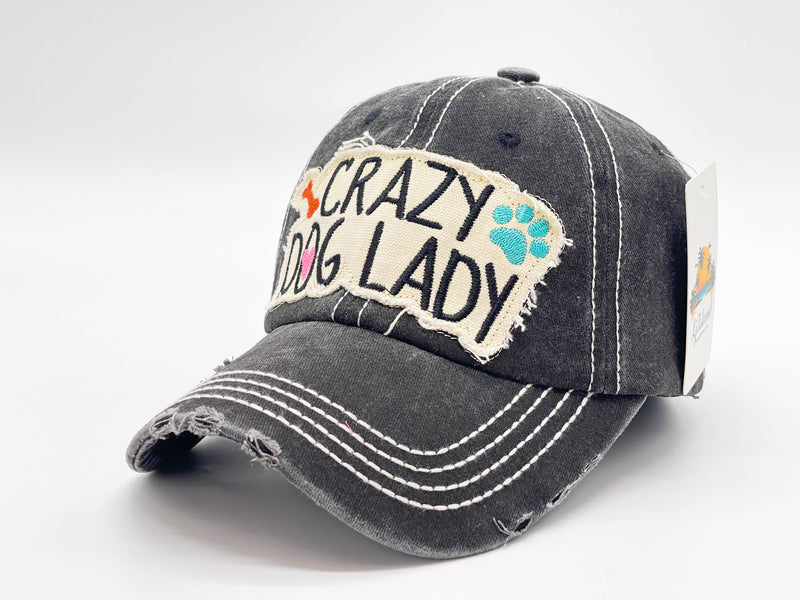 "CRAZY DOG LADY" DISTRESSED BASEBALL CAP WHOLESALE BY DOZEN(12PCS)