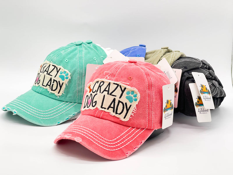 "CRAZY DOG LADY" DISTRESSED BASEBALL CAP WHOLESALE BY DOZEN(12PCS)