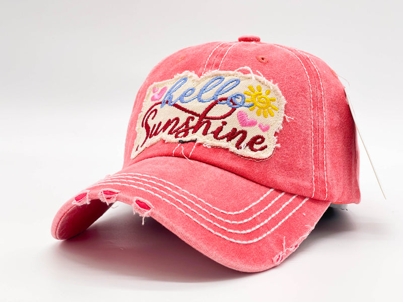 "HELLO SUNSHINE" DISTRESSED BASEBALL CAP WHOLESALE BY DOZEN(12PCS)