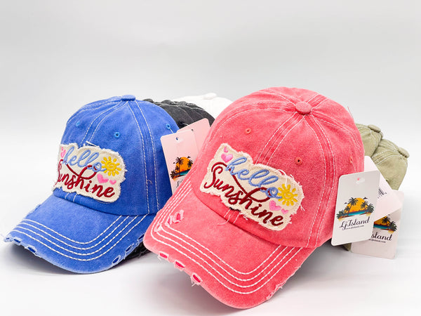 "HELLO SUNSHINE" DISTRESSED BASEBALL CAP WHOLESALE BY DOZEN(12PCS)