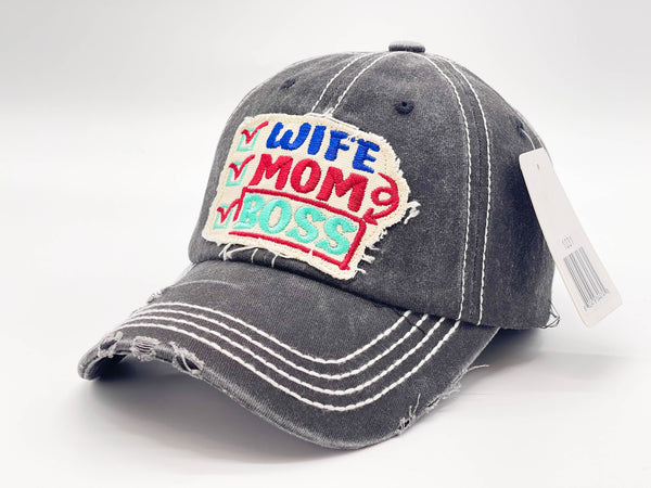 "WIFE,MOM,BOSS" DISTRESSED BASEBALL CAP WHOLESALE BY DOZEN(12PCS)