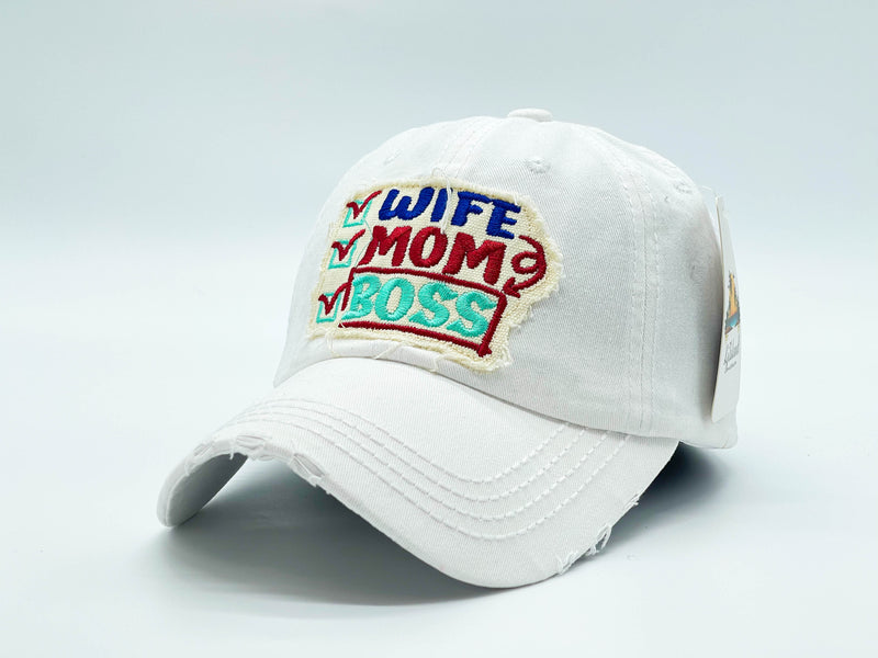 "WIFE,MOM,BOSS" DISTRESSED BASEBALL CAP WHOLESALE BY DOZEN(12PCS)