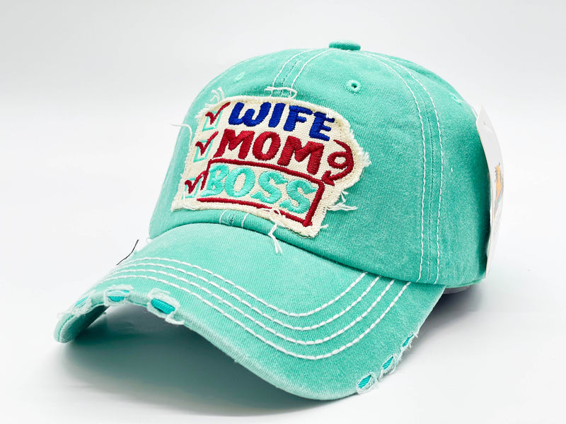 "WIFE,MOM,BOSS" DISTRESSED BASEBALL CAP WHOLESALE BY DOZEN(12PCS)