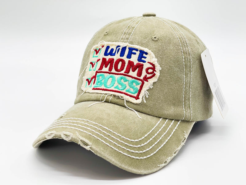 "WIFE,MOM,BOSS" DISTRESSED BASEBALL CAP WHOLESALE BY DOZEN(12PCS)