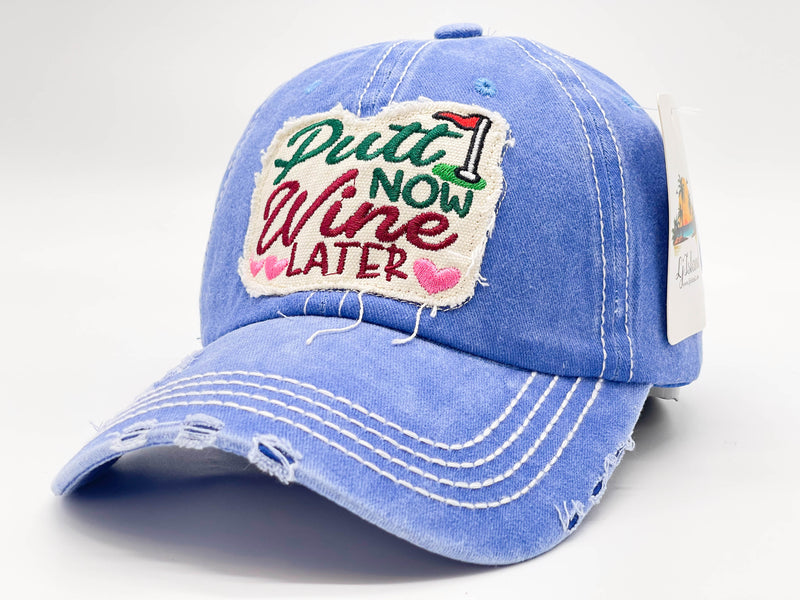 "PUTT NOW WINE LATER" DISTRESSED BASEBALL CAP WHOLESALE BY DOZEN(12PCS)