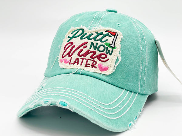 "PUTT NOW WINE LATER" DISTRESSED BASEBALL CAP WHOLESALE BY DOZEN(12PCS)