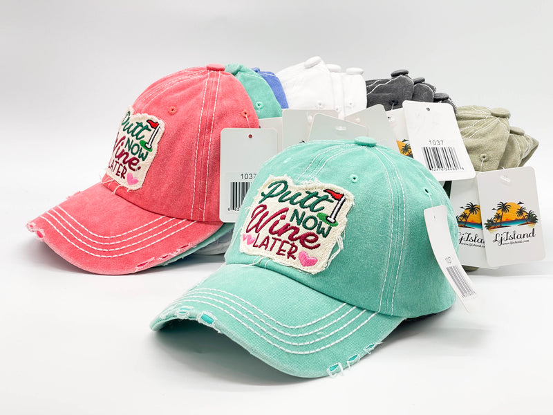 "PUTT NOW WINE LATER" DISTRESSED BASEBALL CAP WHOLESALE BY DOZEN(12PCS)