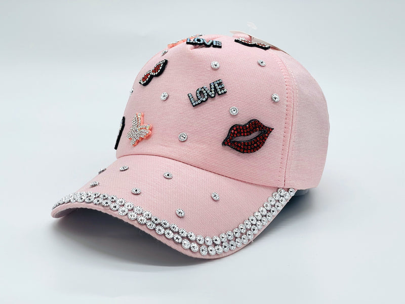 "LOVE,RED LIPS" BLING STONE BASEBALL CAP WHOLESALE BY DOZEN(12PCS)