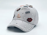 "LOVE,RED LIPS" BLING STONE BASEBALL CAP WHOLESALE BY DOZEN(12PCS)