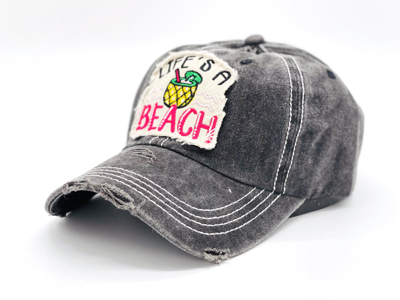 "Life's A Beach" DISTRESSED VINTAGE BASEBALL CAP WHOLESALE BY DOZEN(12PCS)