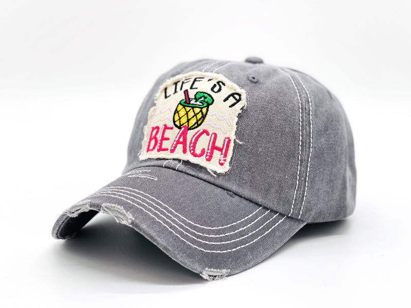 "Life's A Beach" DISTRESSED VINTAGE BASEBALL CAP WHOLESALE BY DOZEN(12PCS)