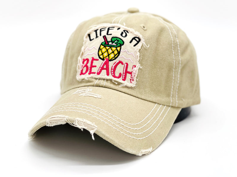 "Life's A Beach" DISTRESSED VINTAGE BASEBALL CAP WHOLESALE BY DOZEN(12PCS)