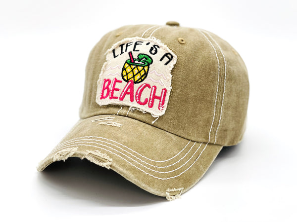 "Life's A Beach" DISTRESSED VINTAGE BASEBALL CAP WHOLESALE BY DOZEN(12PCS)