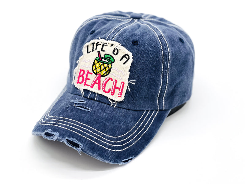 "Life's A Beach" DISTRESSED VINTAGE BASEBALL CAP WHOLESALE BY DOZEN(12PCS)