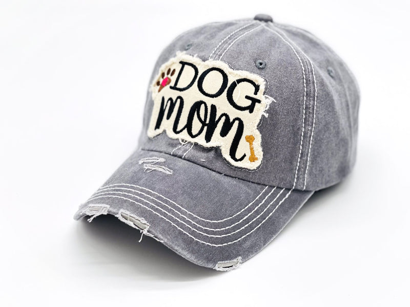 "Dog Mom" DISTRESSED BASEBALL CAP WHOLESALE BY DOZEN(12PCS)