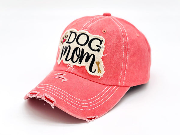 "Dog Mom" DISTRESSED BASEBALL CAP WHOLESALE BY DOZEN(12PCS)